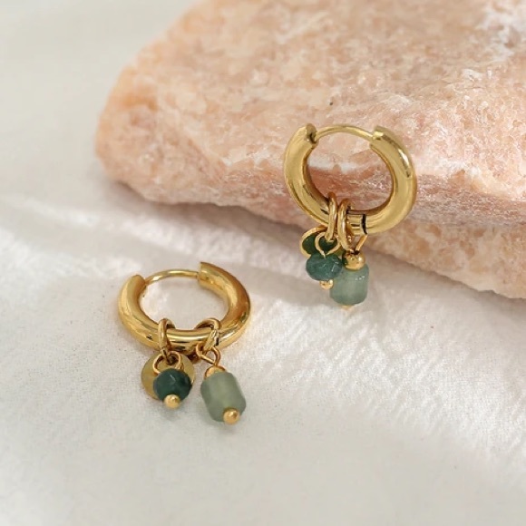 NEW 14k Gold Plated Stainless Steel Natural Jade Crystal Stone Hoop Earrings - Picture 3 of 7